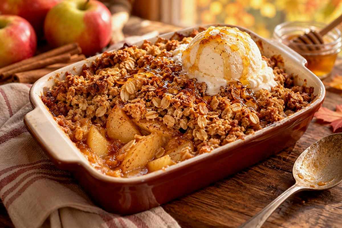 Apfel-Crumble mit Haferflocken-Streuseln und einer Kugel Vanilleeis in der Auflaufform