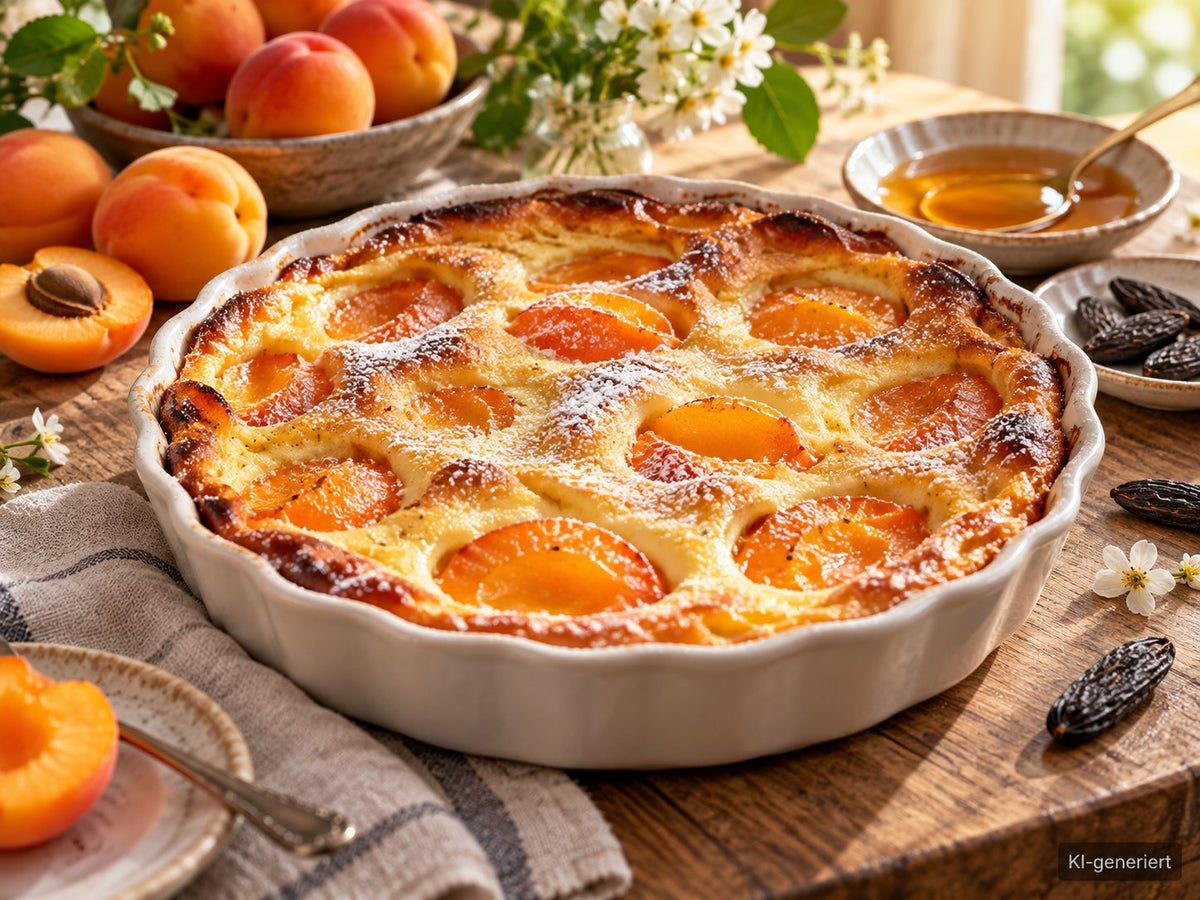 KI-generiertes Foodfoto: Aprikosen-Clafoutis mit Tonkahonig