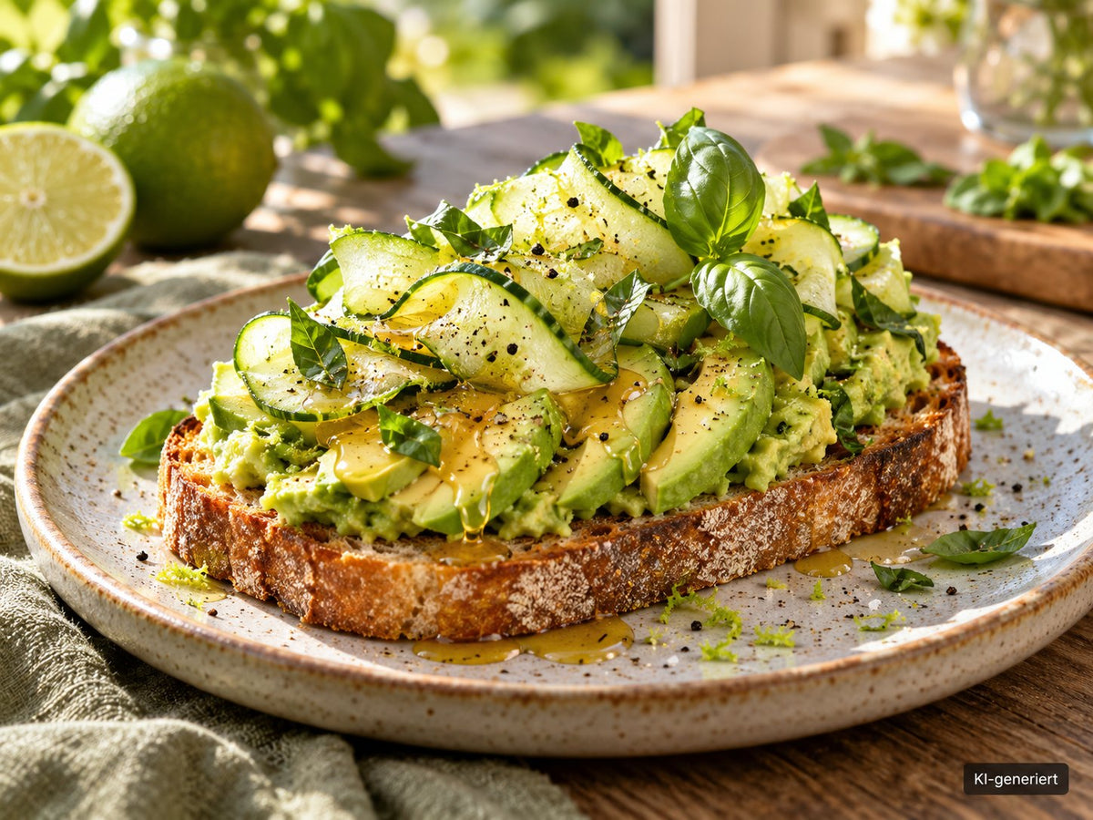 KI-generiertes Foodfoto: Avocado-Gurken-Toast mit Limetten-Basilikum-Honig