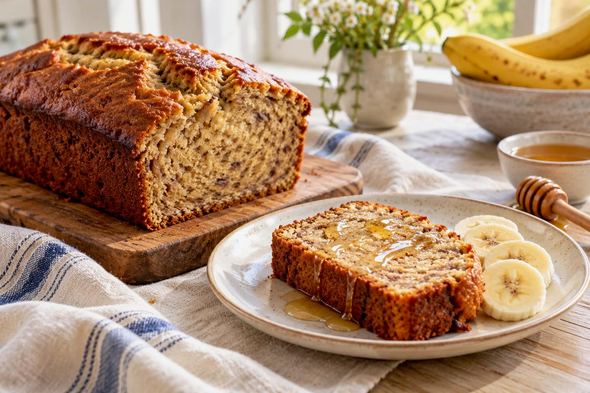 Frisch gebackenes Bananenbrot, eine Scheibe mit Honig und Bananenscheiben auf einem Teller