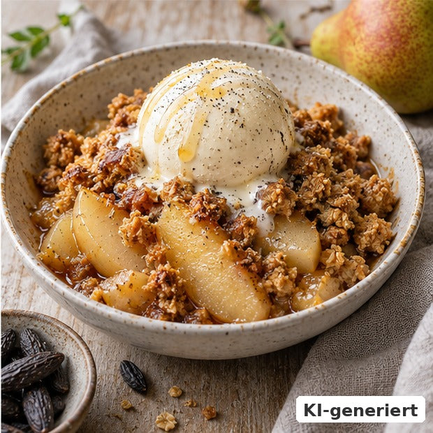 KI-generiertes Foodfoto: Birnen-Tonka-Crumble