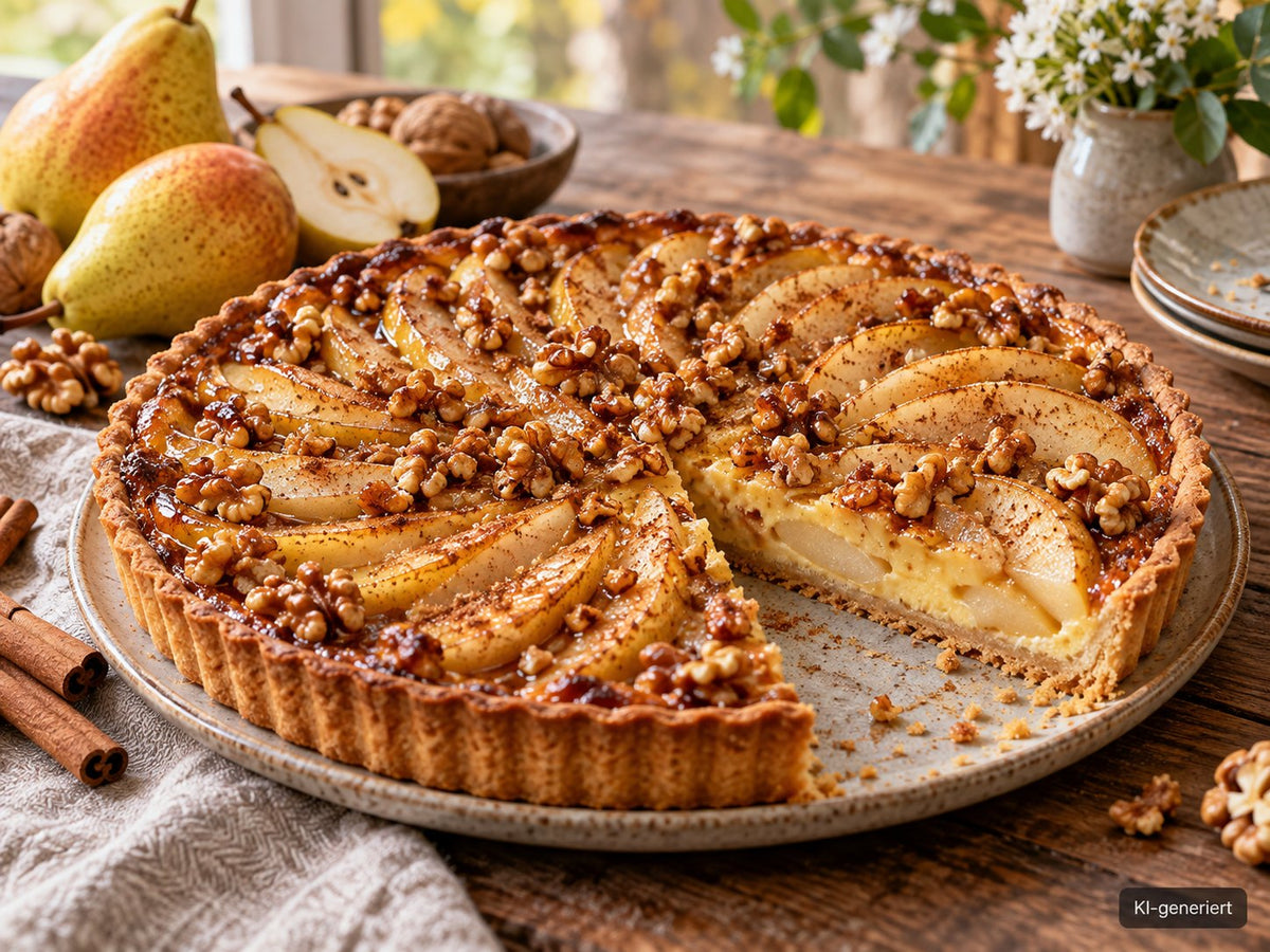 KI-generiertes Foodfoto: Birnen-Walnuss-Tarte mit Zimthonig