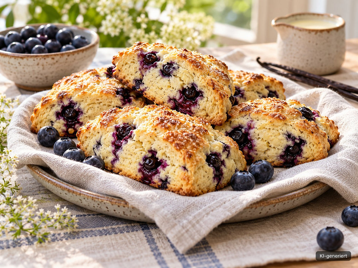 KI-generiertes Foodfoto: Blaubeer-Vanille-Scones