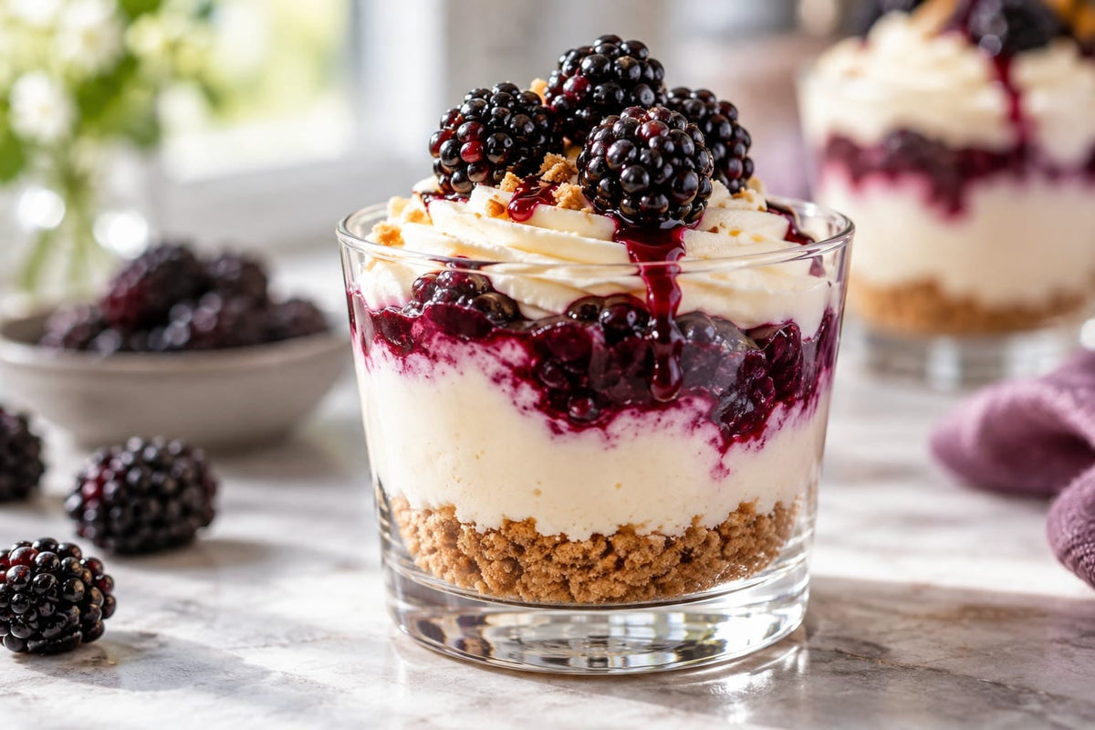 Brombeer-Cheesecake im Glas mit Keksboden und frischen Brombeeren