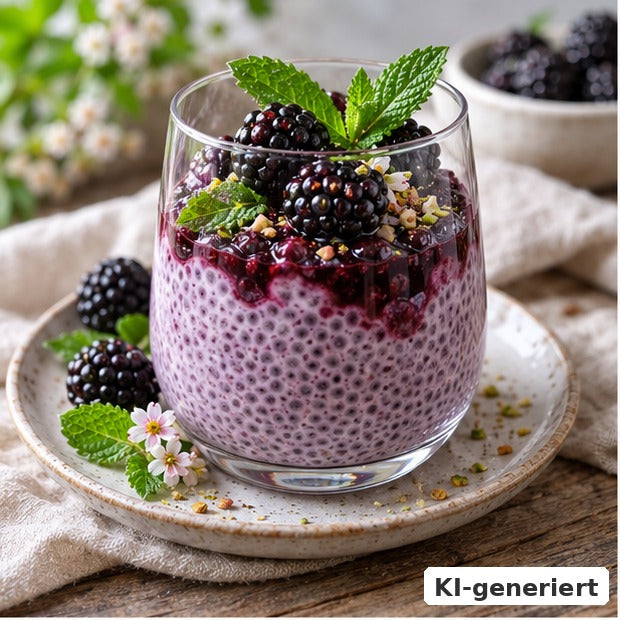 KI-generiertes Foodfoto: Brombeer-Chia-Pudding mit Kokos