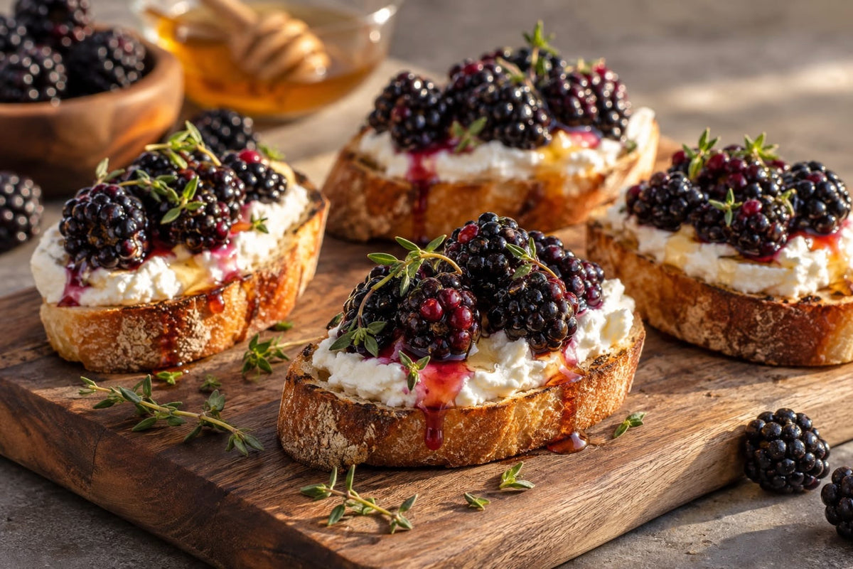 Crostini mit Ziegenfrischkäse, Brombeeren und Thymian auf einem Holzbrett