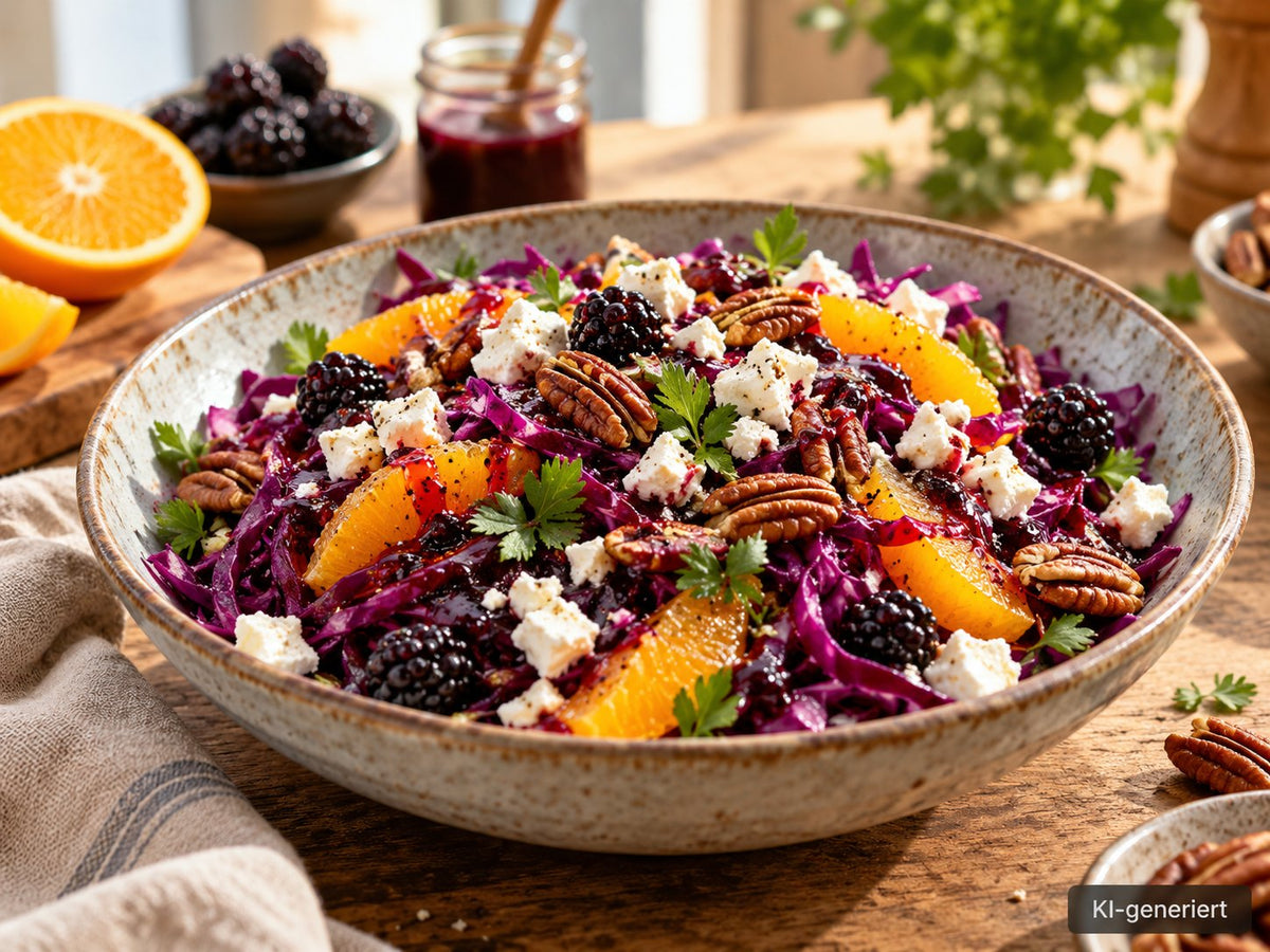 KI-generiertes Foodfoto: Brombeer-Rotkohl-Salat mit Feta und Pekannüssen