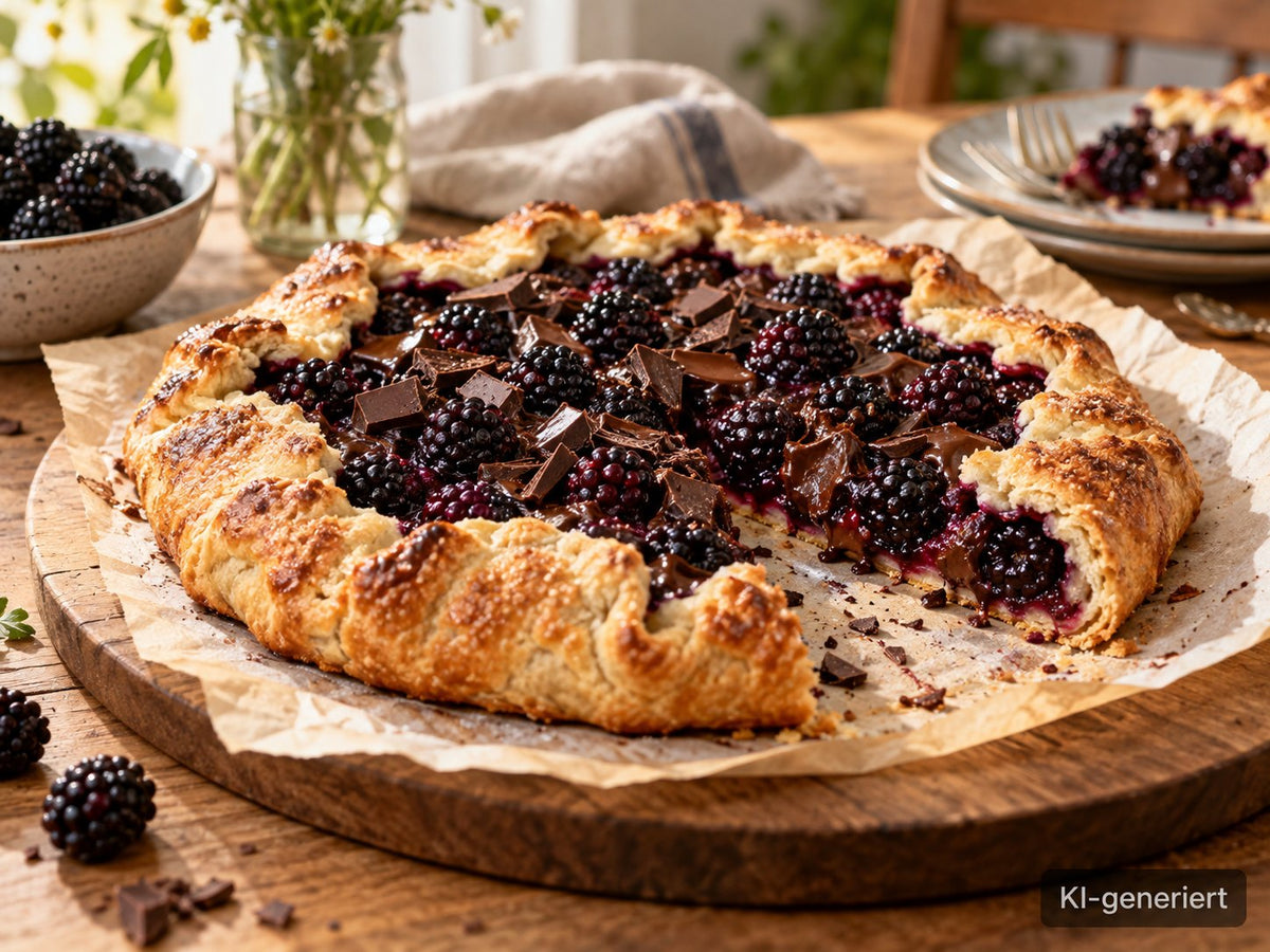 KI-generiertes Foodfoto: Brombeer-Schoko-Galette