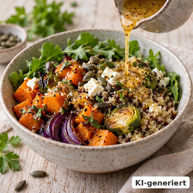 KI-generiertes Foodfoto: Bunte Grain Bowl mit Honig-Senf-Dressing