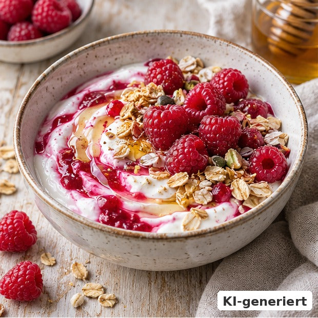 KI-generiertes Foodfoto: Cremiger Himbeer-Honig-Porridge