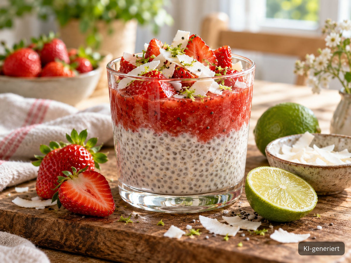 KI-generiertes Foodfoto: Erdbeer-Chia-Pudding mit Kokos und Limette