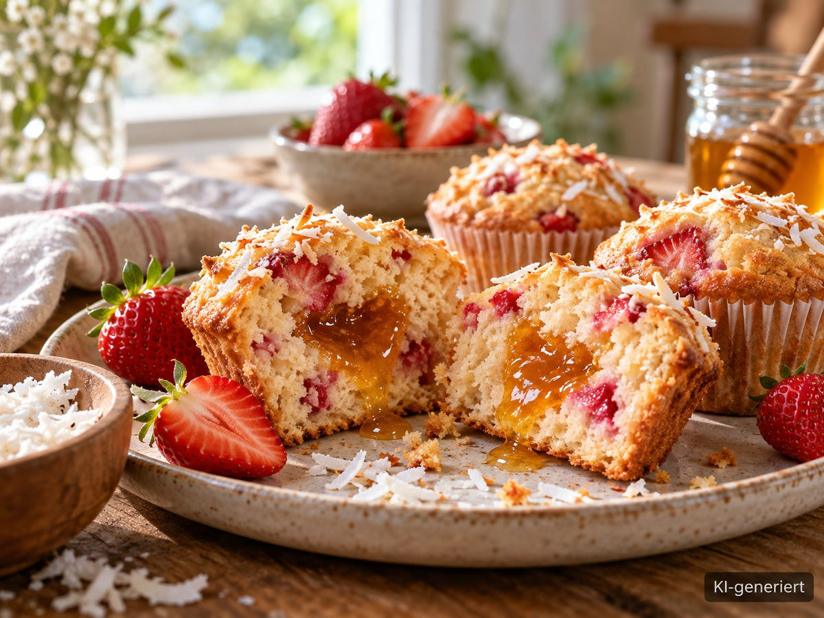 KI-generiertes Foodfoto: Erdbeer-Kokos-Muffins mit Honigkern