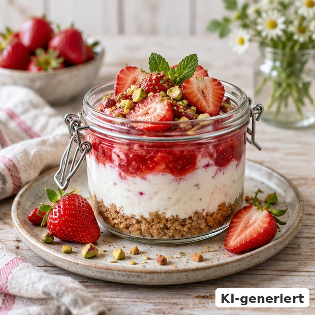 KI-generiertes Foodfoto: Erdbeer-Skyr-Dessert im Glas