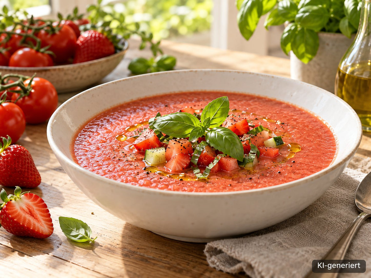 KI-generiertes Foodfoto: Erdbeer-Tomaten-Gazpacho mit Basilikum