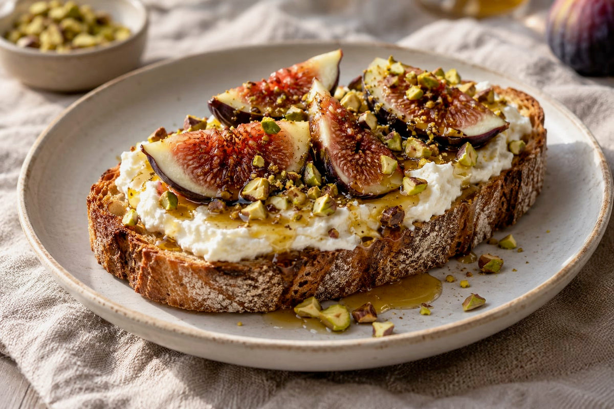 Sauerteigbrot mit Ricotta, frischen Feigen, gehackten Pistazien und Honig