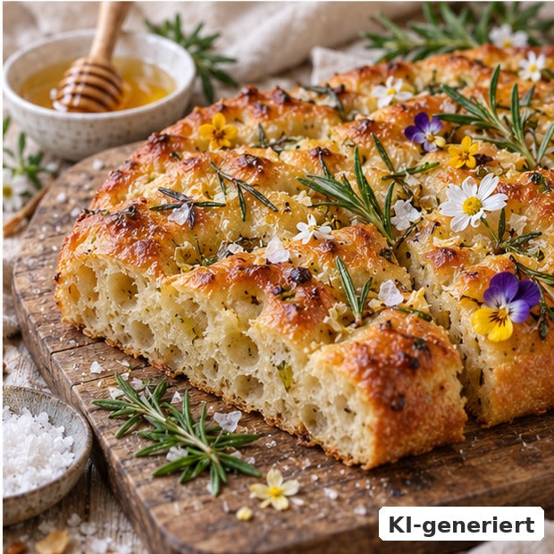 KI-generiertes Foodfoto: Focaccia mit Frühlingsblütenhonig und Rosmarin
