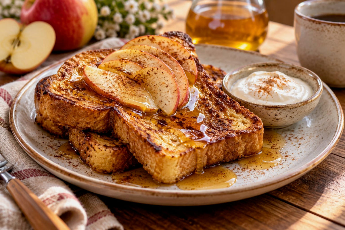 French Toast mit Apfelspalten, Zimt und Honig, daneben ein Schälchen Joghurt