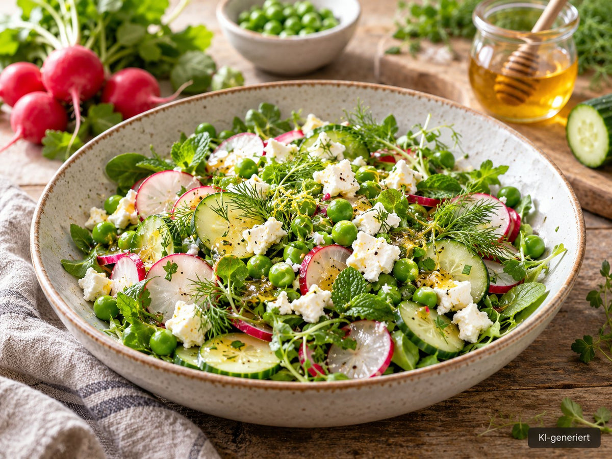 KI-generiertes Foodfoto: Frühlingssalat mit Erbsen, Radieschen und Honig-Vinaigrette