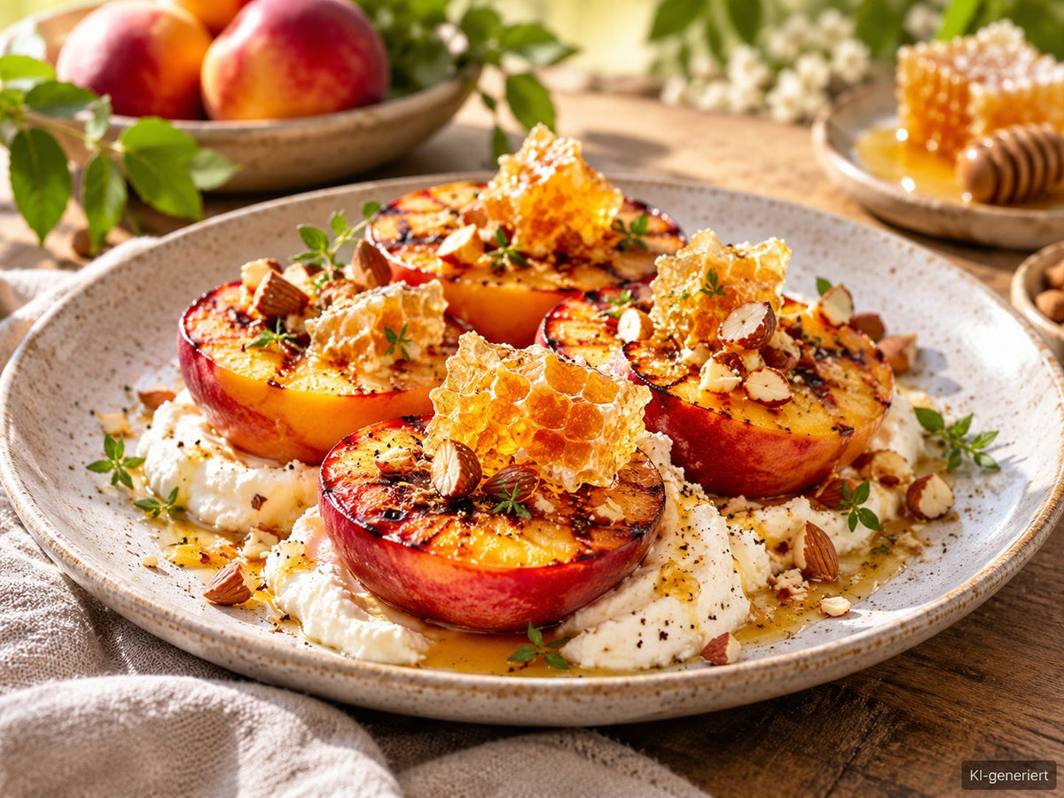 KI-generiertes Foodfoto: Gegrillte Nektarinen mit Ricotta und Wabenhonig