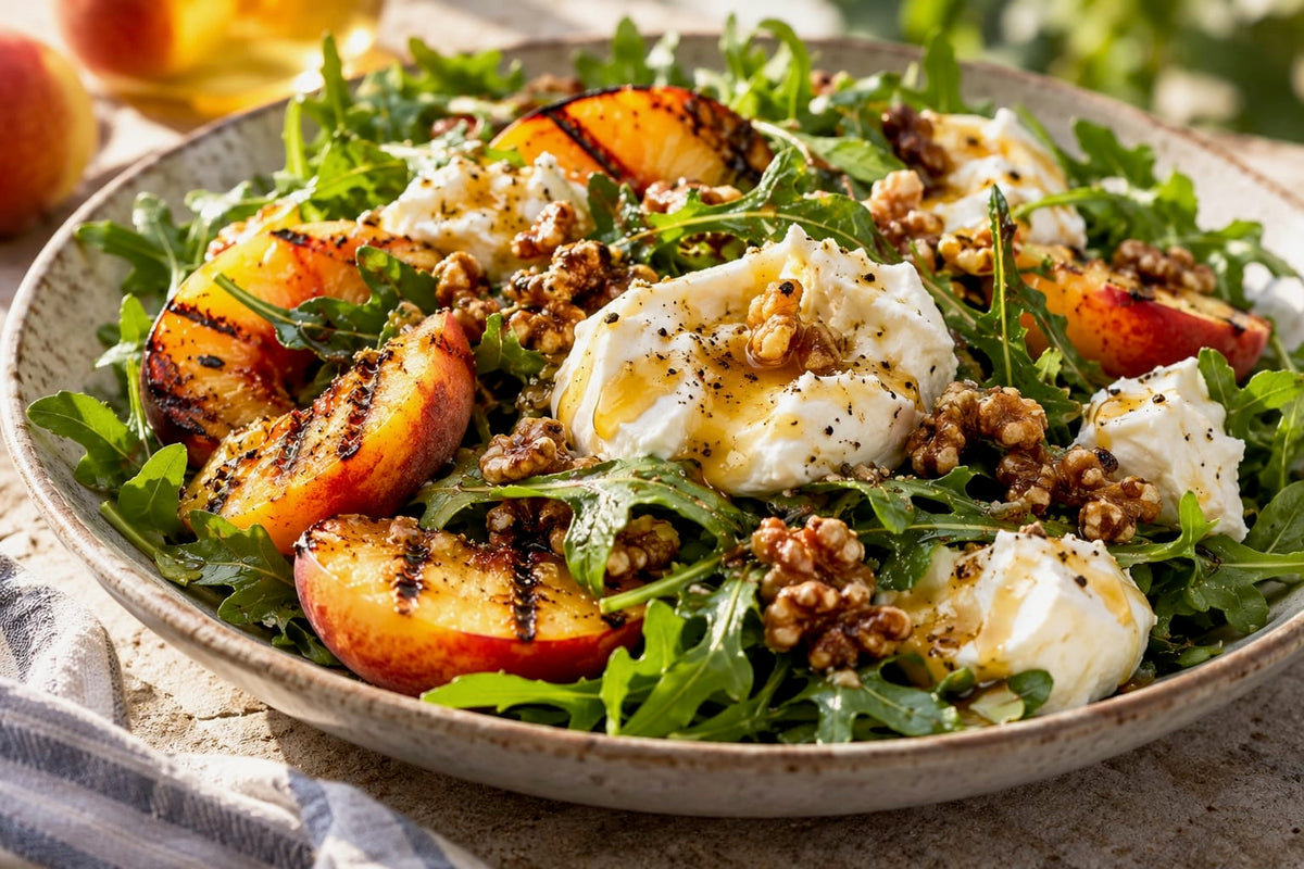 Gegrillter Pfirsichsalat mit Rucola, Burrata, Walnüssen und Honig
