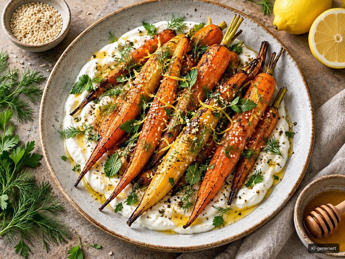 KI-generiertes Foodfoto: Geröstete Möhren mit Zitronen-Honig-Joghurt