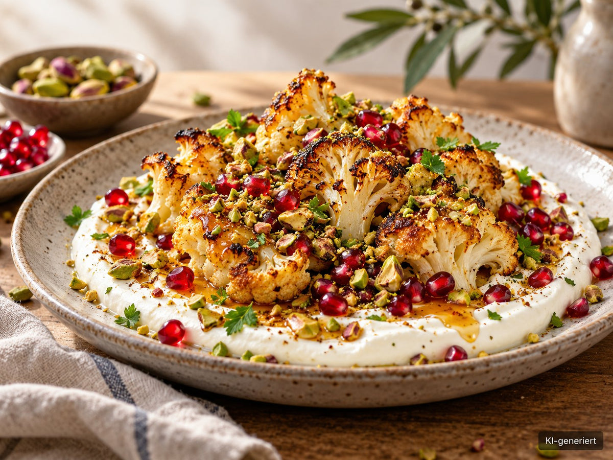 KI-generiertes Foodfoto: Gerösteter Blumenkohl mit Pistazien-Labneh