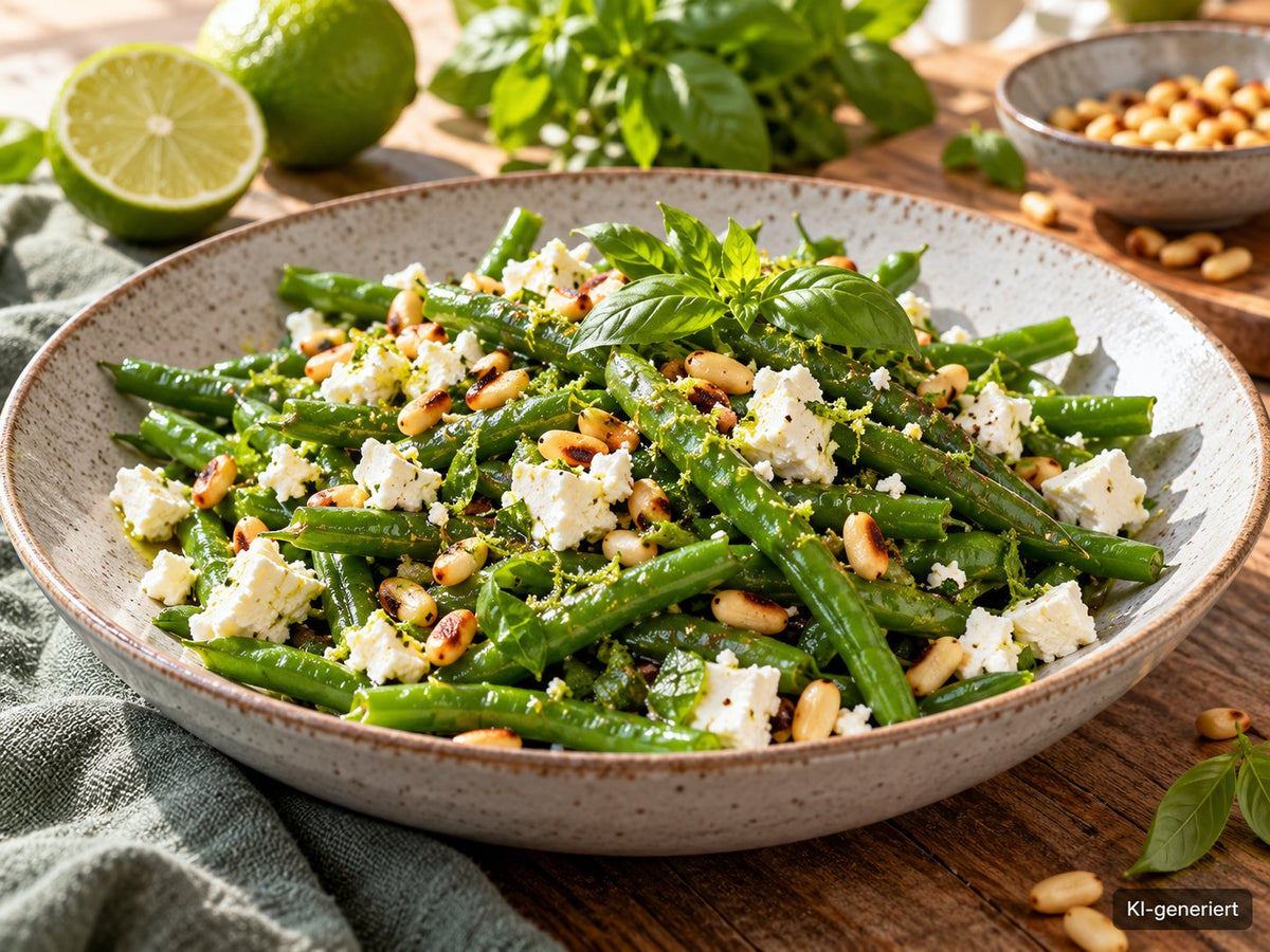 KI-generiertes Foodfoto: Grüne Bohnen mit Feta und Limetten-Basilikum-Dressing