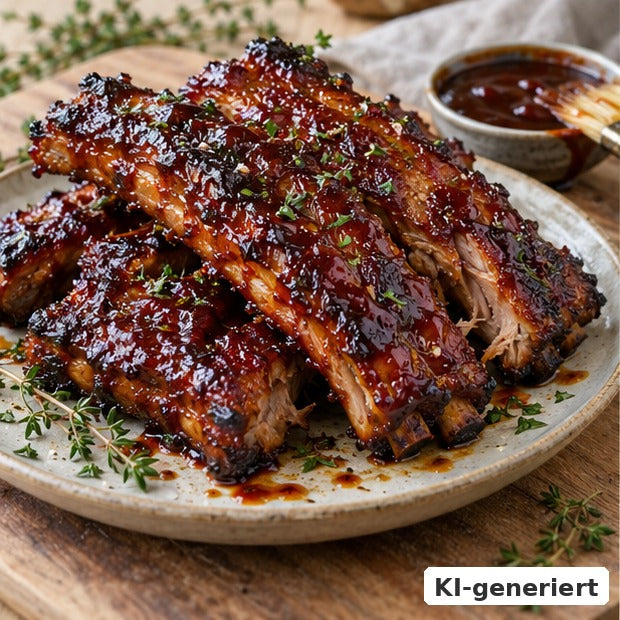 KI-generiertes Foodfoto: Heidehonig-BBQ-Sauce für Ofenrippchen