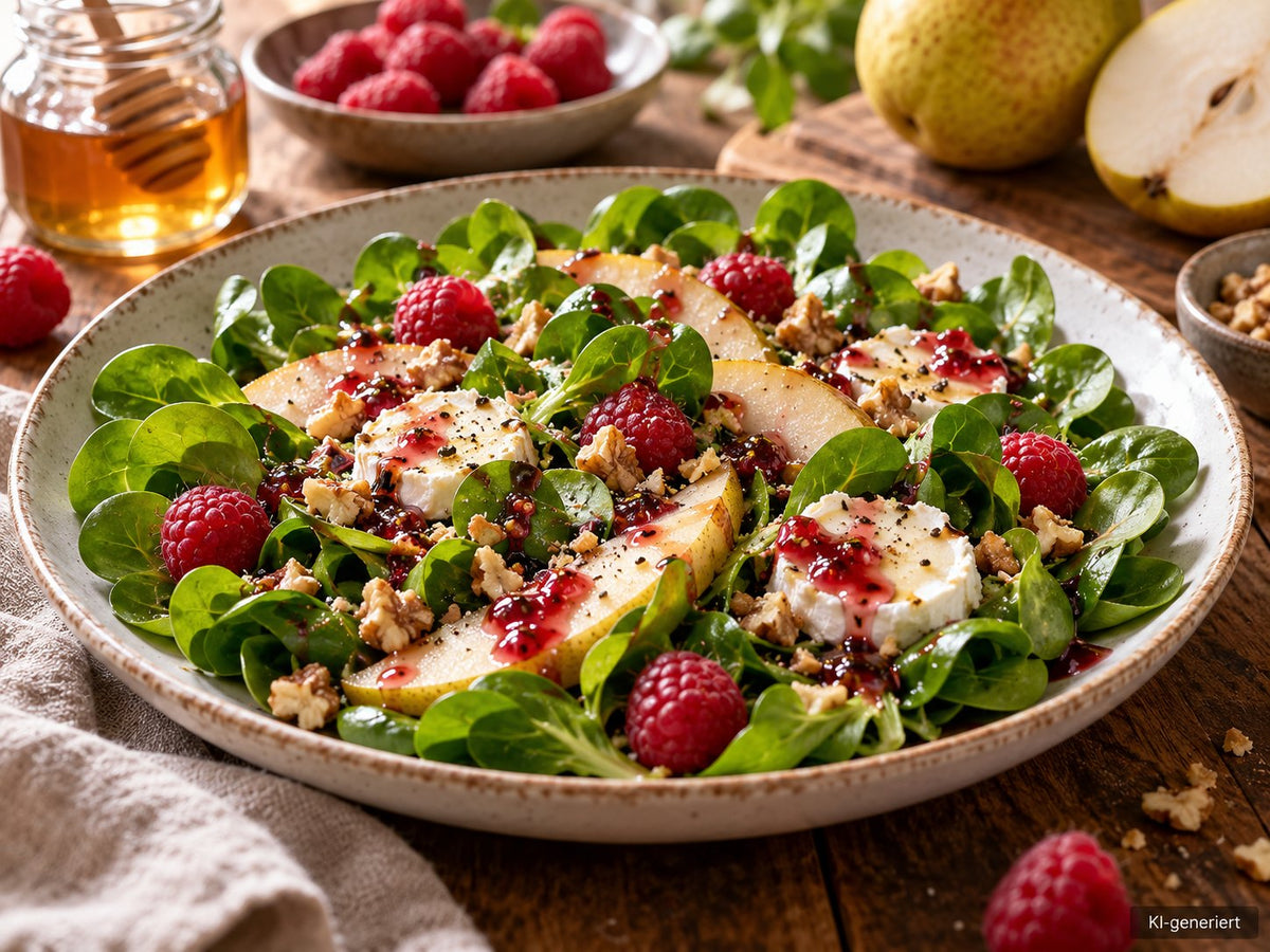 KI-generiertes Foodfoto: Himbeer-Balsamico-Dressing mit Feldsalat und Ziegenkäse