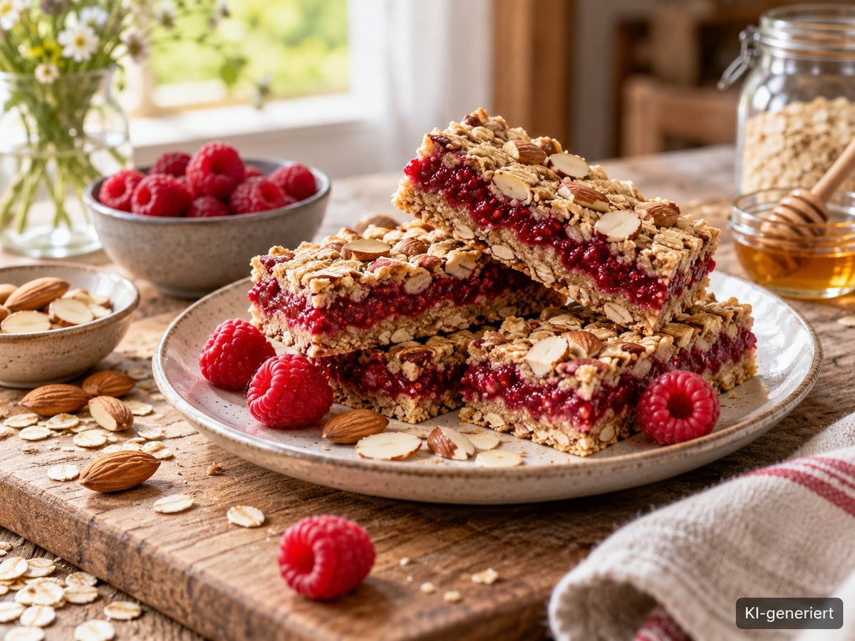 KI-generiertes Foodfoto: Himbeer-Hafer-Riegel ohne Backen
