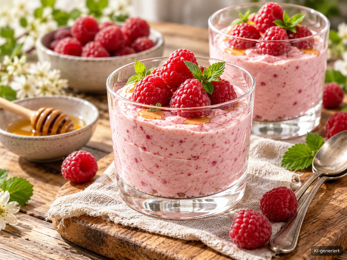 KI-generiertes Foodfoto: Himbeer-Joghurt-Mousse im Glas