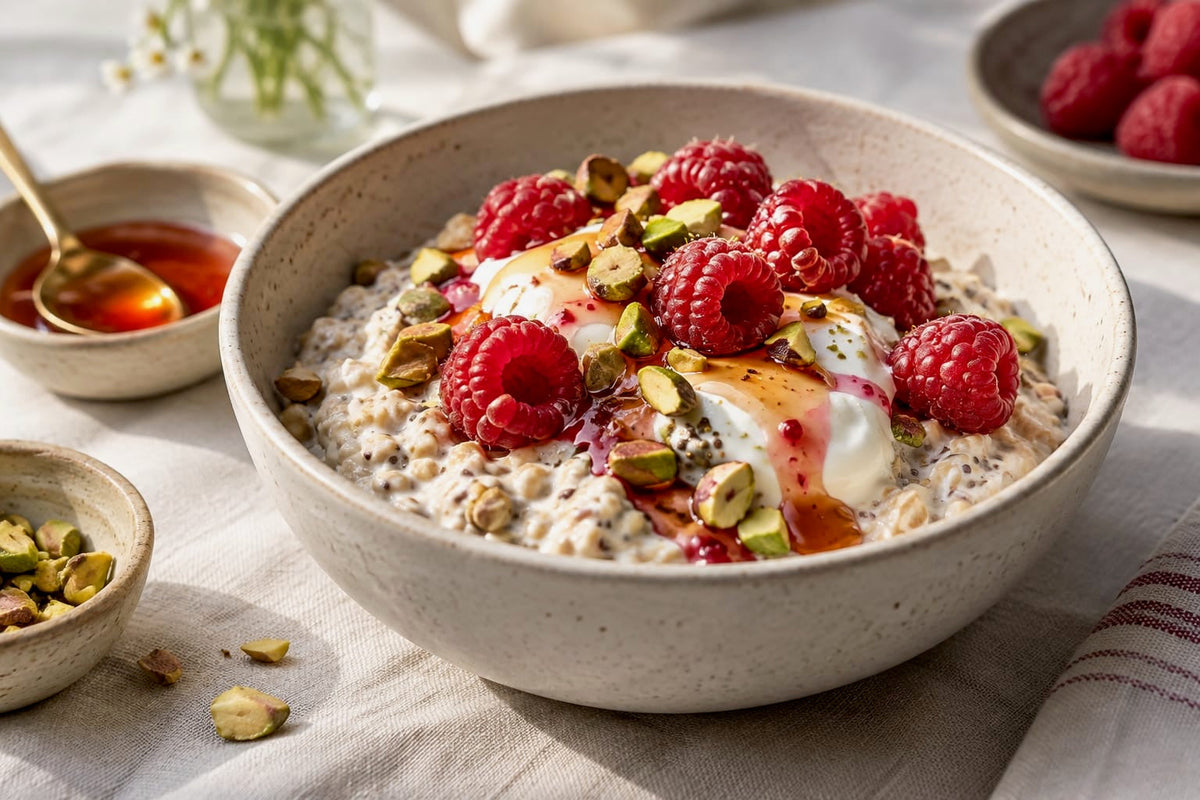 Overnight Oats mit Himbeeren, Joghurt, Pistazien und Honig in einer Schale