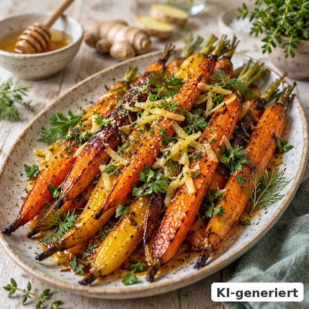 KI-generiertes Foodfoto: Honig-Ingwer-Karotten mit Sesam