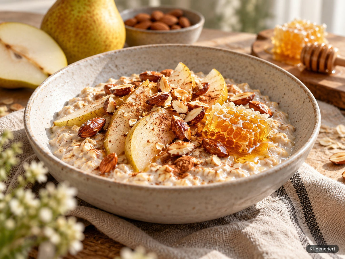 KI-generiertes Foodfoto: Honigwaben-Porridge mit Birne und gerösteten Mandeln