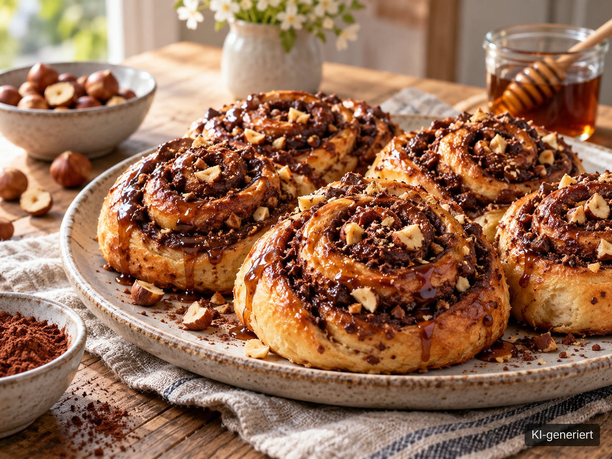 KI-generiertes Foodfoto: Kakao-Haselnuss-Schnecken