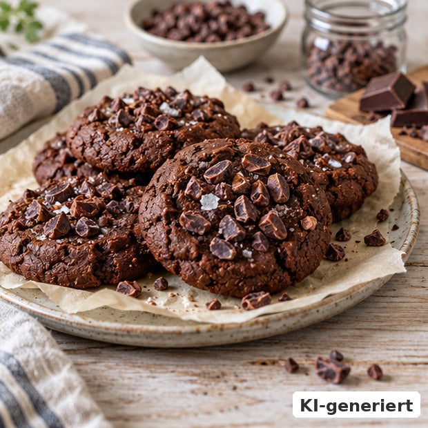 KI-generiertes Foodfoto: Kakao-Nibs-Honig-Cookies