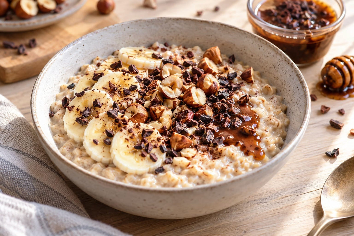 Porridge mit Bananenscheiben, gehackten Haselnüssen und Kakao-Nibs