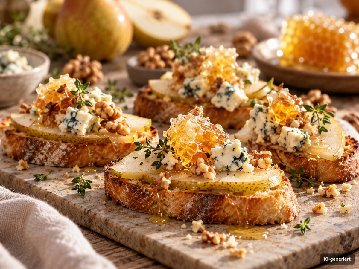 KI-generiertes Foodfoto: Knusprige Wabenhonig-Crostini mit Birne und Blauschimmelkäse