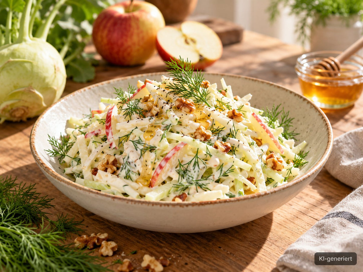 KI-generiertes Foodfoto: Kohlrabi-Apfel-Slaw mit Rapshonig-Dressing