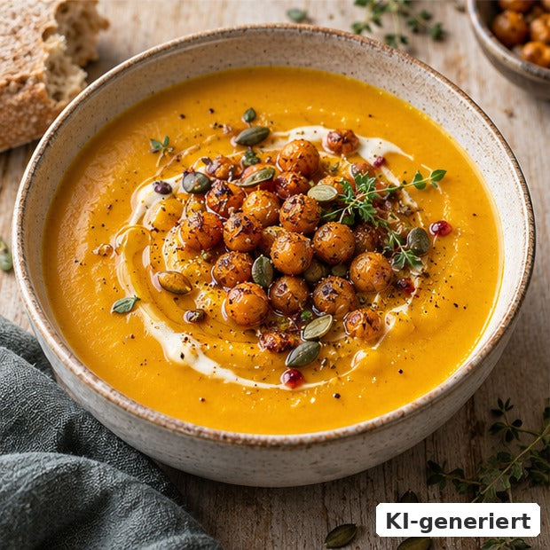 KI-generiertes Foodfoto: Kürbissuppe mit Honig-Kichererbsen