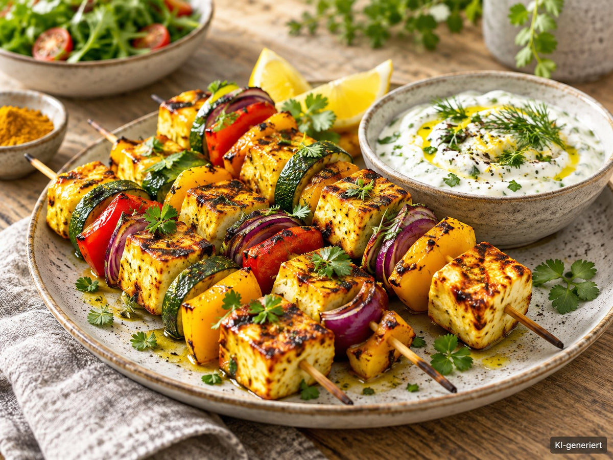KI-generiertes Foodfoto: Kurkuma-Halloumi-Spieße mit Joghurt-Dip