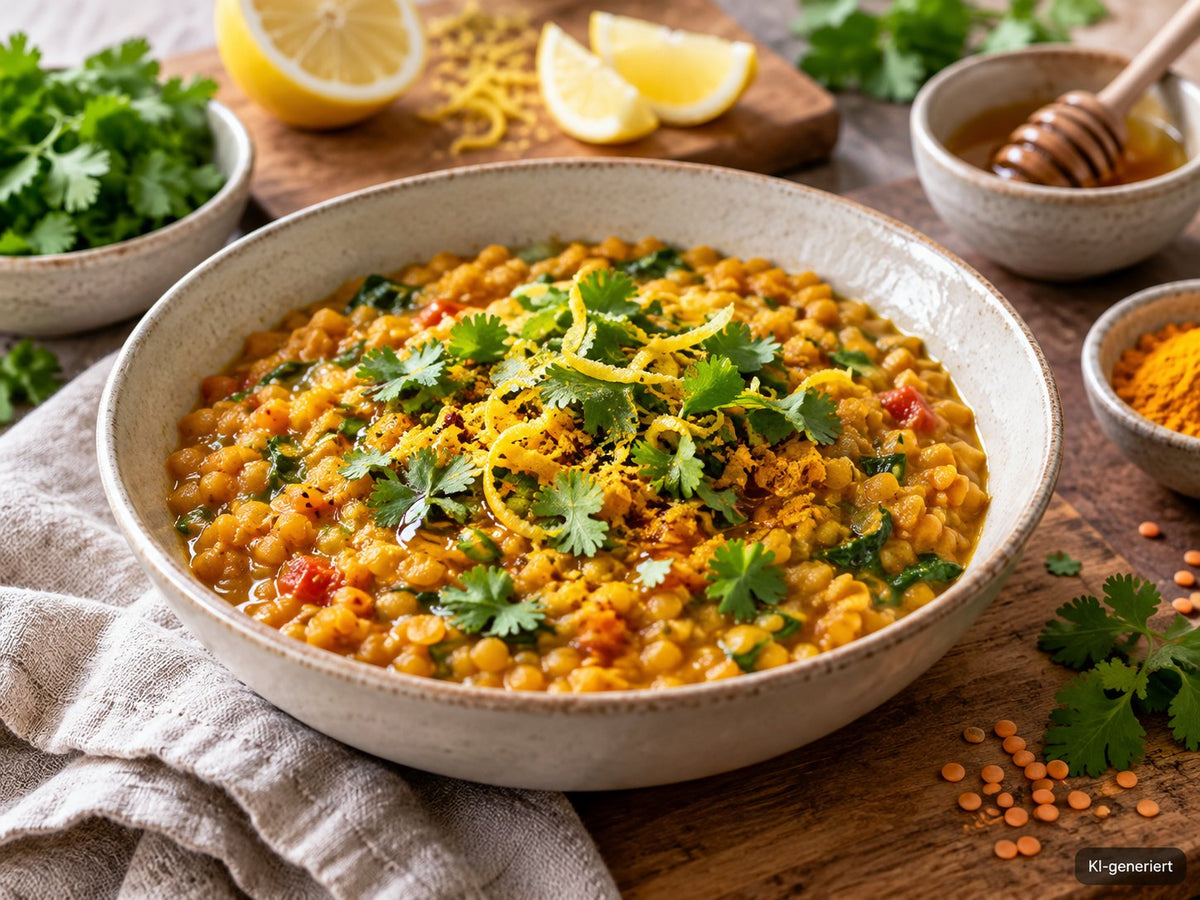 KI-generiertes Foodfoto: Kurkuma-Linsen-Dal mit Honig-Zitronen-Topping