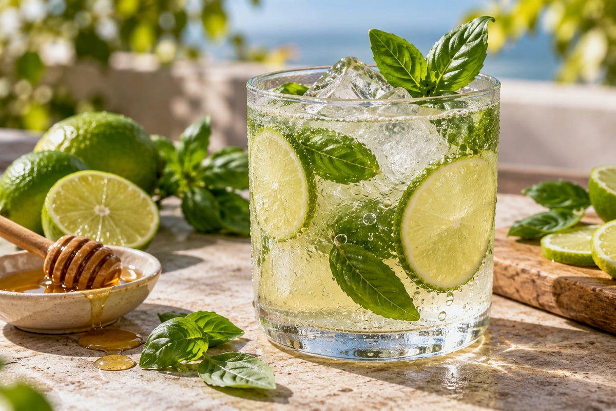Erfrischender Limette-Basilikum-Spritz mit Eiswürfeln, daneben ein Honiglöffel