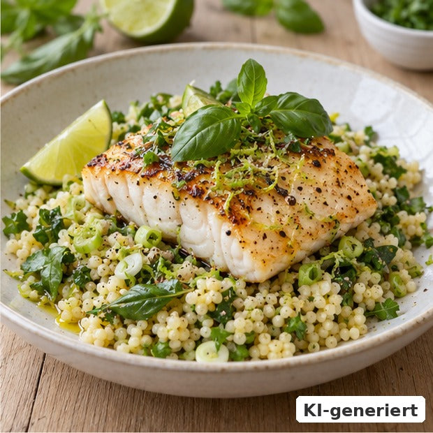 KI-generiertes Foodfoto: Limetten-Basilikum-Fisch mit Couscous