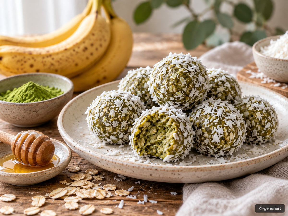 KI-generiertes Foodfoto: Matcha-Bananen-Energy-Bites