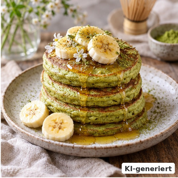 KI-generiertes Foodfoto: Matcha-Bananen-Pancakes