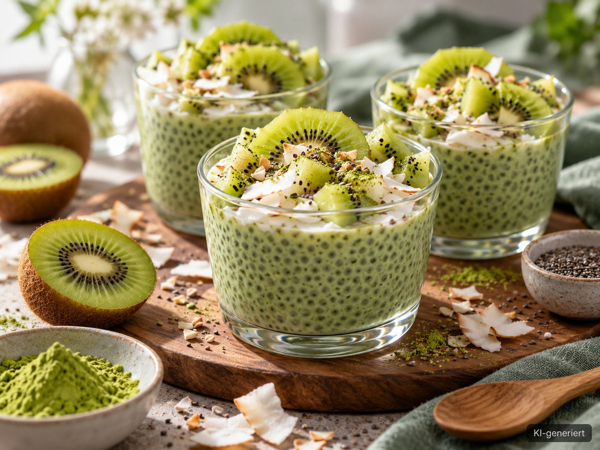 KI-generiertes Foodfoto: Matcha-Kokos-Chia-Cups mit Kiwi