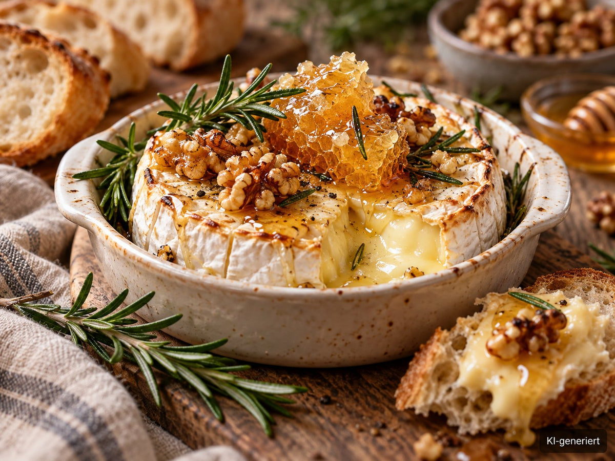 KI-generiertes Foodfoto: Ofen-Camembert mit Wabenhonig und Rosmarin