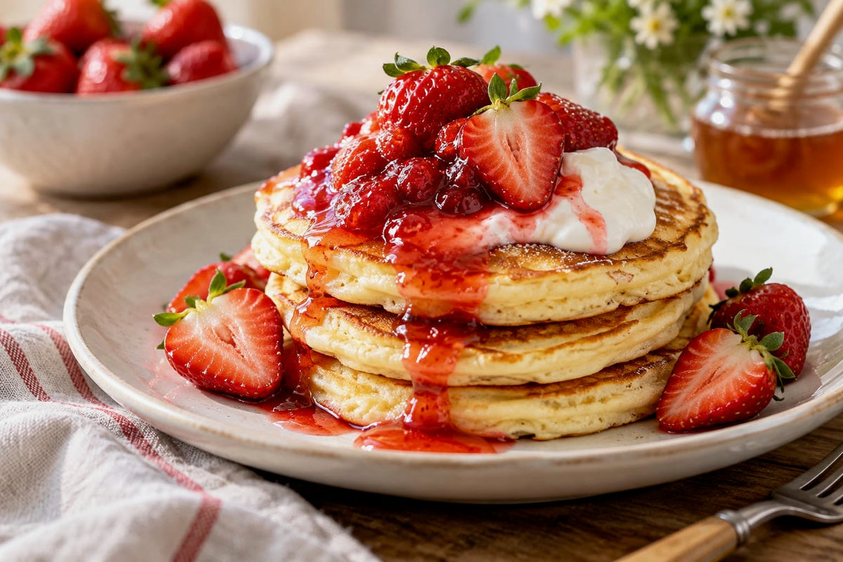 Pancake-Stapel mit frischen Erdbeeren, Erdbeersoße und Joghurt