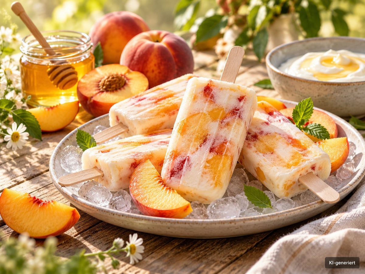 KI-generiertes Foodfoto: Pfirsich-Joghurt-Eis am Stiel mit Sommerhonig